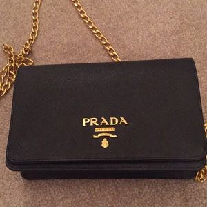 Authentic Prada Saffiano leather wallet on a chain